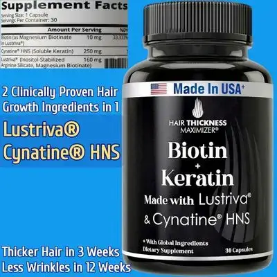 Lustriva, Cynatine HNS Keratin, Hair Growth Formula, 2 Proven Ingredients, Soluble Keratin and Biotin 10000mcg in 1 Capsule, Nutrients for Hair & Skin, For Women & Men, 30 Capsules Lustriva