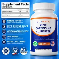 Zinc-L-Carnosine Complex, Zinc Carnosine, L Carnosine, Men & Women, for Gut Health, Digestive Support, & Stomach Comfort, Bad Bacteria, Zinc L Carnosine, L Reuteri Probiotic, Inulin, 120 DR Capsules zinc Carnosine