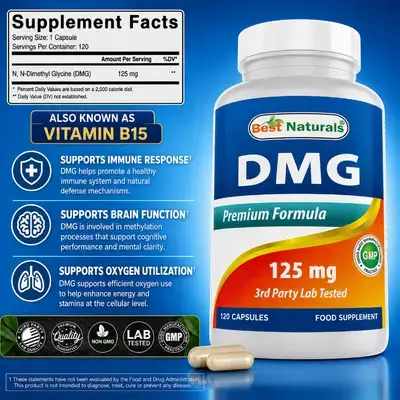 Best Naturals, DMG, 125 mg, Vitamin B15, DMG = Vitamin B15, Supports Methylation, Oxygen Utilization, Energy and stamina, Immune Response, 120 Capsules DMG 