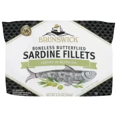 Brunswick Sardines in Olive Oil, 3.75 oz Can - Boneless Butterflied Sardine Fillets - Wild Caught - 17g Protein per Serving - Gluten Free, Keto Friendly