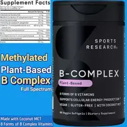 Sports Research, Vitamin B Complex, B Complex, Full Spectrum of B Vitamins, Methylated, Methylated B12, Methyl Folate, Plant-Based, 60 Count Plantgels™ B Complex