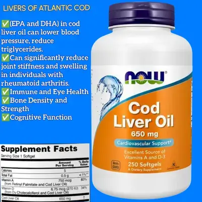 NOW Foods Supplements, Cod Liver Oil 650 mg, Excellent Source of Vitamins A and D-3, omega 3, fish oil, EPA and DHA Omega3 , 250 Softgels