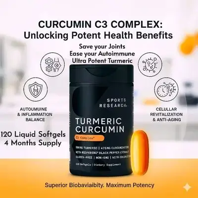 Sports Research Turmeric Curcumin C3 Complex - Softgels with Bioperine Black Pepper Extract & Organic Coconut Oil, Standardized 95% Curcuminoids, Joints, anti aging, autoimmune, Non-GMO Verified, 120 Count