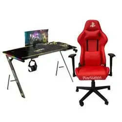 GAMING TABLE A SHAPED AGGT 160CM + Playstation Gaming Chair With Foot Rest (Red) F-076A