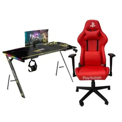 GAMING TABLE A SHAPED AGGT 160CM + Playstation Gaming Chair With Foot Rest (Red) F-076A