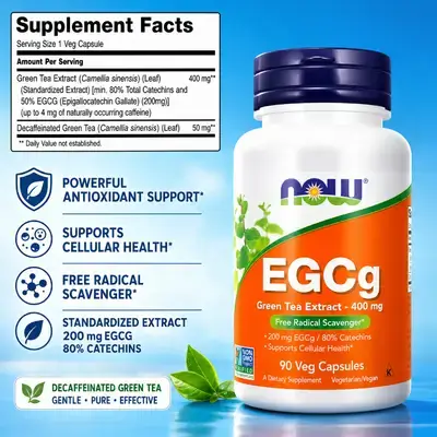 NOW Supplements, EGCg, Green Tea Extract 400 mg, Free Radical Scavenger, DHT Blocker, Metabolism Support, Fat Oxidation, 80% Catechins, 90 Veg Caps EGCg 