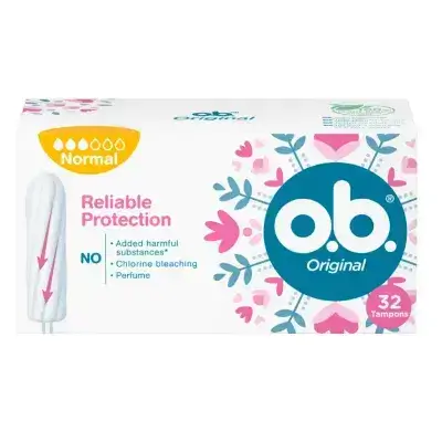 o.b. Tampons Original Normal (32 pcs)//اوه بي سدادات قطنية اصلية عادية للايام المتوسطة والاقوى بتقنية ستاي دراي واخاديد منحنية، لحماية موثوقة وشعور نظيف (1 × 16 قطعة)