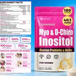 Liposomal Myo-Inositol & D-Chiro Inositol, 40:1 Ideal Ratio Inositol, Probiotics & Prebiotics & Herbs, NAC, CoQ10, Zinc, Folic Acid, Chromium, Hormone Balance & Harmony, Fertility, Ovarian & Cycle, PCOS, Insulin Resistance, 540g inositol