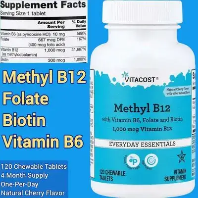 Methyl B12, methylated vitamin B12, 1000mcg, Folate, Biotin, Vitamin B6, Methylated for Maximum Utilization, Natural Cherry Flavor, Methylcobalamin, 120 Chewable Tablets B12