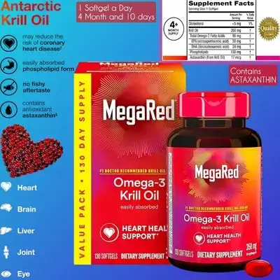 MegaRed, Omega-3 Krill Oil, 350mg, krill oil, EPA & DHA Omega-3 Fatty Acids with No Fishy Aftertaste Unlike Fish Oil, Contains Antioxidant Astaxanthin, Astaxanthin, omega 3, 130 Softgels Krill oil