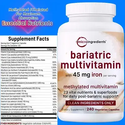 Methylated Bariatric Multivitamin | 23-in-1 Essential Vitamins with D3, K2, Zinc, Folate, B12, B3, Biotin, Iron, magnesium & more | Maximum Absorption & Easy on the Stomach, essential for Keto & GLP-1 users, No Fillers, 240 Caps Multivitamin
