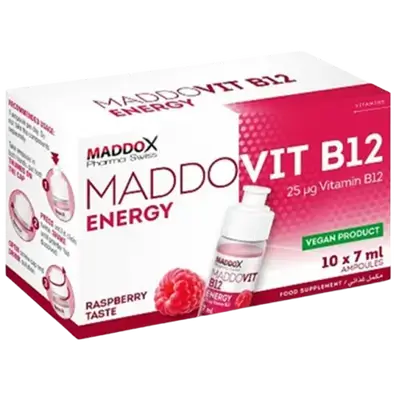 MADDOVIT B12 ENERGY 25MCG 10 x 7ML RASPBERRY TASTE DRINKABLE AMPOULES _ Maddox Pharma