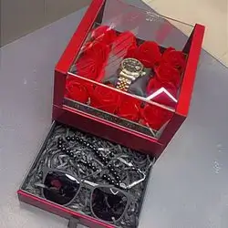 Men's Box, Watch, Glasses, Rosary, And Artificial Flowers