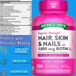 Nature's Truth, Hair Skin Nails, Beauty Vitamins, Biotin 5000mcg, Collagen, Biotin, Coconut Oil, Argan Oil, Selenium, Zinc, B12, B6, D3, Men & Women, 250 Softgels Hair Skin Nails