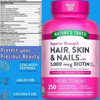 Nature's Truth, Hair Skin Nails, Beauty Vitamins, Biotin 5000mcg, Collagen, Biotin, Coconut Oil, Argan Oil, Selenium, Zinc, B12, B6, D3, Men & Women, 250 Softgels Hair Skin Nails