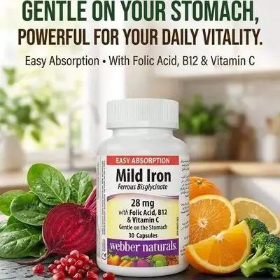 Mild Iron Ferrous Bisglycinate 28mg with Folic Acid, B12 & Vitamin C webber naturals (30 capsules)