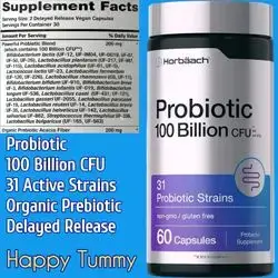Horbäach, Probiotic, 100 Billion CFU, 31 Probiotic Strains, With Organic Prebiotic Fiber, Probiotics, Digestive Health, Gas, bloating, pressure, discomfort, indigestion, nutrient absorption, Immunity, 60 Capsules Probiotics