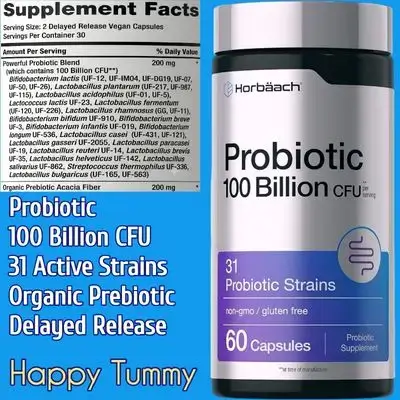 Horbäach, Probiotic, 100 Billion CFU, 31 Probiotic Strains, With Organic Prebiotic Fiber, Probiotics, Digestive Health, Gas, bloating, pressure, discomfort, indigestion, nutrient absorption, Immunity, 60 Capsules Probiotics