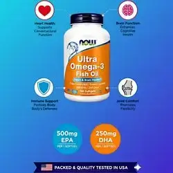 NOW Ultra Omega 3, Molecularly Distilled, (Enteric Coated) , EPA 500mg and DHA 250mg per Softgel, Highest Quality, Ultra Pure Omega-3, omega3, 180 Softgels omega 3