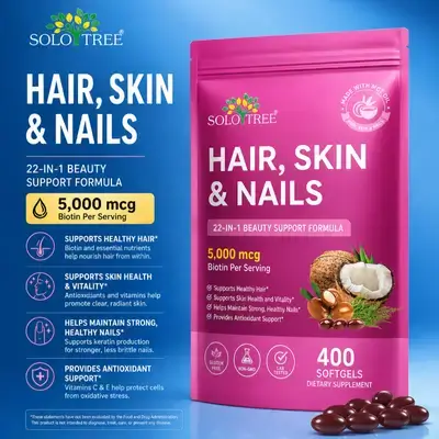 Hair Skin Nails, 22-in-1 beauty support formula, Hair Growth, Less Hair loss & thinning, less fine lines and Wrinkles, Stronger Nails, Biotin, Zinc Picolinate, Niacinamide, Selenium, Collagen, B12, D3, C, E, A, 400 Softgels