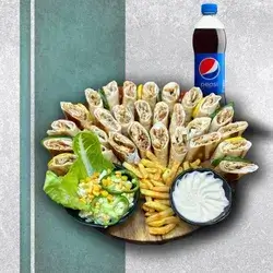 25 pieces with garlic cream, fries and Pepsi.