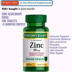 Zinc Gluconate 50mg, Immune System, Skin, Antioxidant, Hair Loss, Prostate, Hormone Balance, Contributes to DNA Formation, Men and women, 100 Tablets zinc