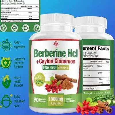 Berberine HCL 1500mg, (Premium Berberine HCl 97% Purity), Berberine Plus Pure Ceylon Cinnamon + Gymnema + Bitter Melon, High Potency Berberine for Men&Women, 90 Capsules berberine