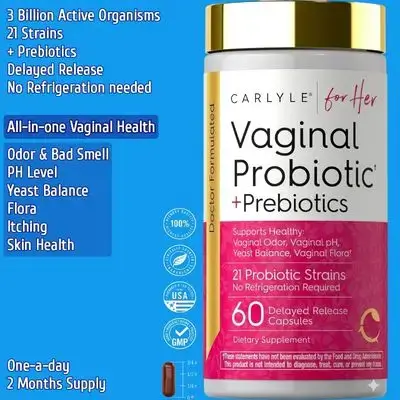 Vaginal Probiotics, for Women, with Prebiotics, Supports Healthy Odor, pH, Yeast Balance, and Flora, for Her, DELAYED-RELEASE CAPSULE, Vaginal probiotic, one a day, 60 Capsules probiotics