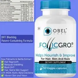 Follicgro DHT Blocker, Patented DHT Blocker, Hair, Skin & Nails, Saw Palmetto + Biotin + Vitamins | MSM & Nettle Extract, Boosts Hair Growth, less hair loss, Patented Microsphere Technology, 60 Capsules