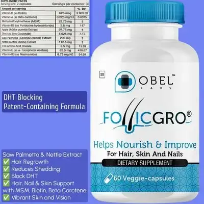 Follicgro DHT Blocker, Patented DHT Blocker, Hair, Skin & Nails, Saw Palmetto + Biotin + Vitamins | MSM & Nettle Extract, Boosts Hair Growth, less hair loss, Patented Microsphere Technology, 60 Capsules