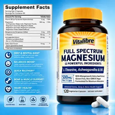Magnesium Complex, 12-in 1, Ashwagandha, L Theanine, Vitamin B6, Celery, High Absorption, Magnesium Glycinate , Citrate, Malate, Sleep & Bones, Stress, Energy, Brain Energy, Calmness, 120 Caps magnesium Complex 