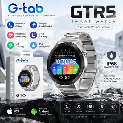 G-TAB SMART WATCH GTR5 | WATCH COLOR : Silver | Metal strap silver Silicone strap Grey
