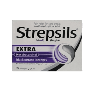 EXTRA Hexylresorcinol Pain Reliever and Antiseptic Action 24 Blackcurrant Lozenges _ Strepsils